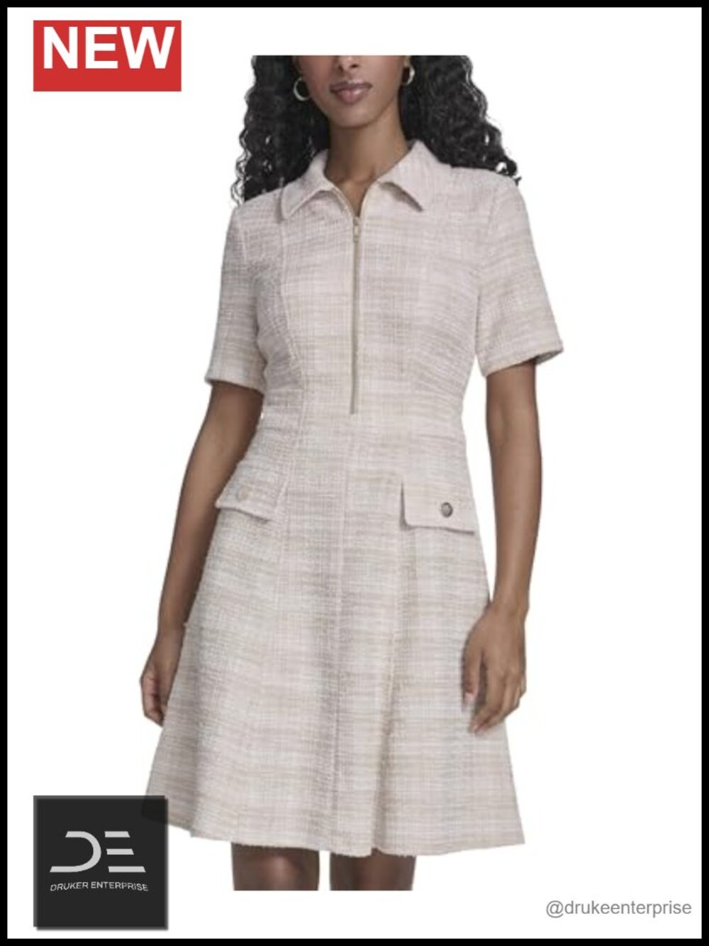 Textured Knit Shift Dress Collared Zipper Short Sleeve Business Casual